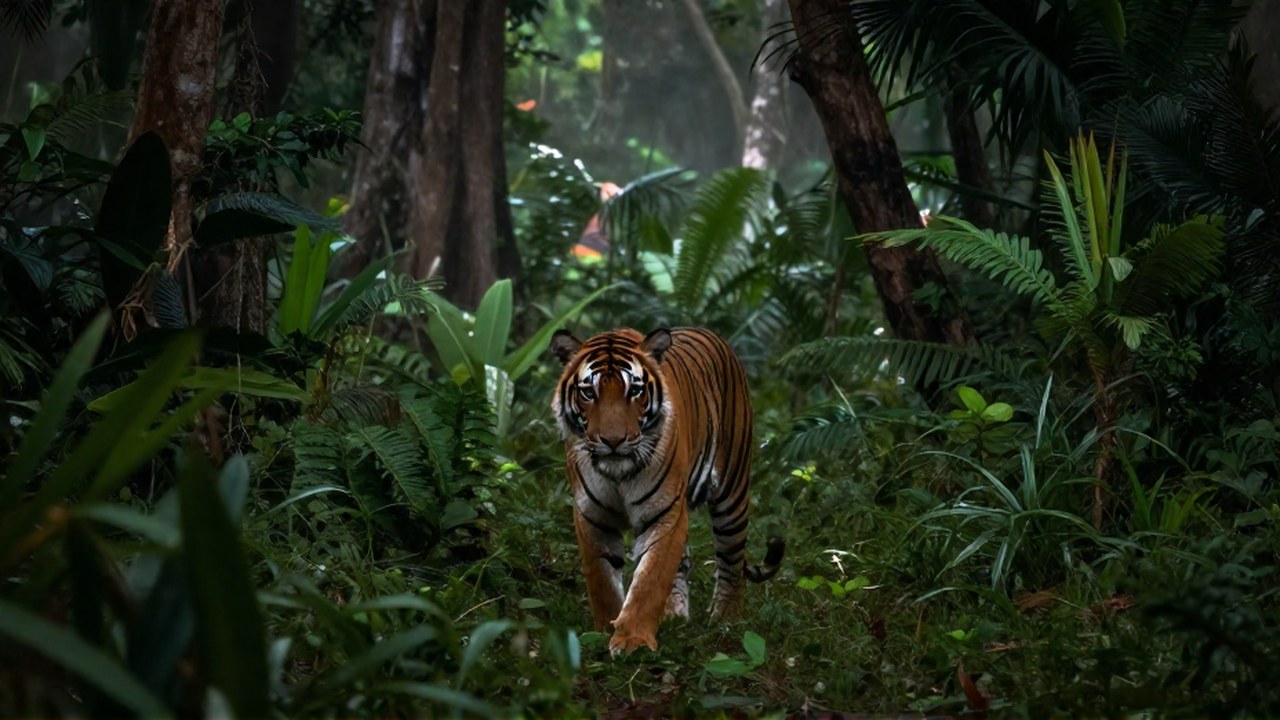 Un tigre del Bengala se mueve por una densa selva tropical con mucha vegetación.