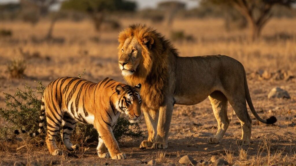 Adulto león y tigre en contraste en la sabana africana durante la hora dorada.