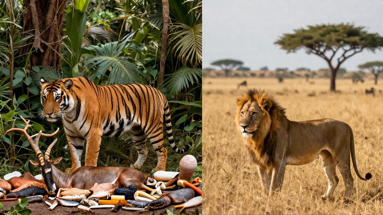 Tigre en un entorno tropical y león en la sabana, contrastando sus hábitats.