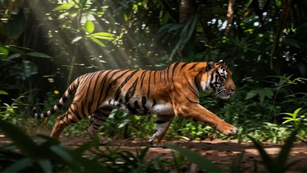 Tigre en pleno galope a través de la densa selva con movimiento rápido.