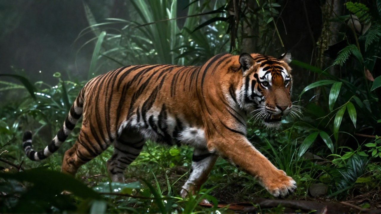 Un tigre siberiano en plena carrera por la jungla, mostrando fuerza y velocidad.
