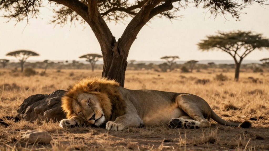 Un león macho durmiendo profundamente en la sabana seca durante la hora dorada