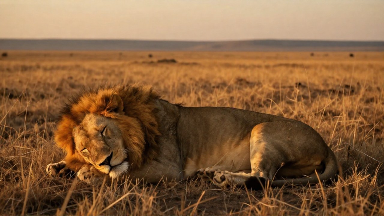 Un león majestuoso descansando profundamente en la sabana al atardecer, transmitiendo serenidad.