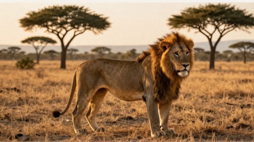 Un león macho maduro de pie en la sabana africana durante la hora dorada.