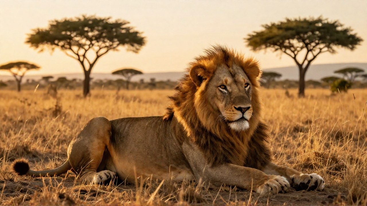Un león macho grande y musculoso descansa en la sabana seca durante el atardecer.