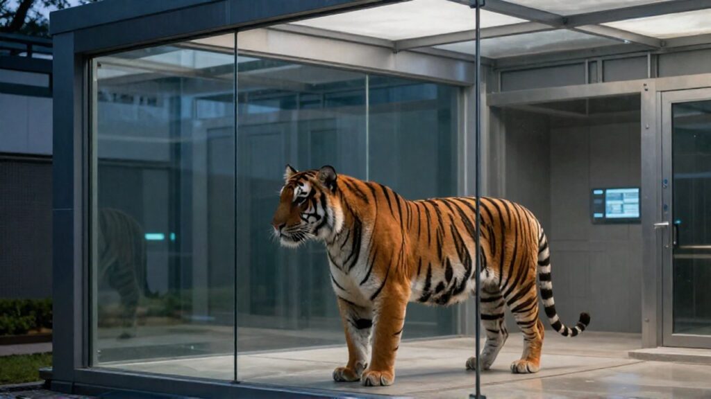 Un tigre en un recinto moderno de acero y vidrio