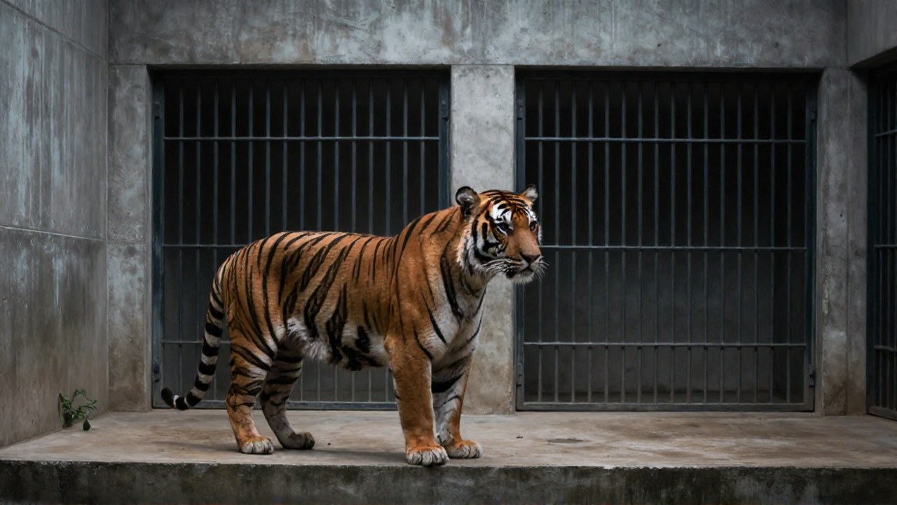 Un gran tigre pensive en una moderna instalación de contención de hormigón y acero.
