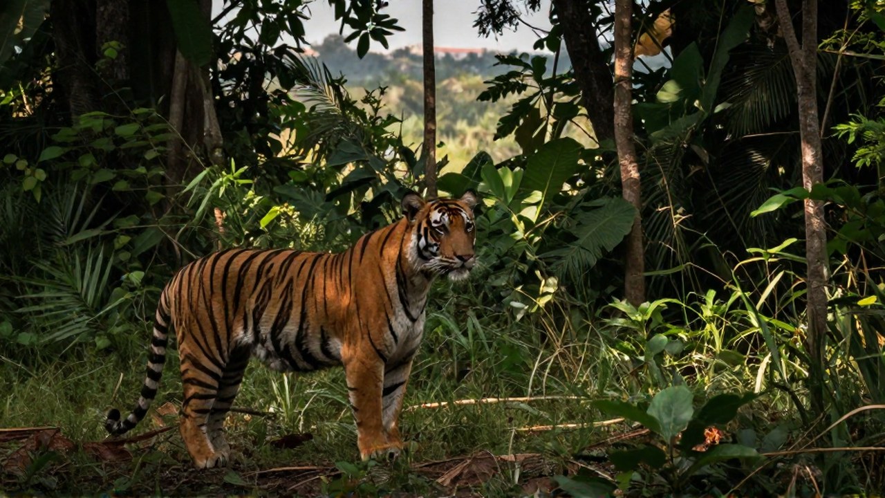 Tigre de Bengala mirando un paisaje de selva bajo presión por el desarrollo y la fragmentación del hábitat.