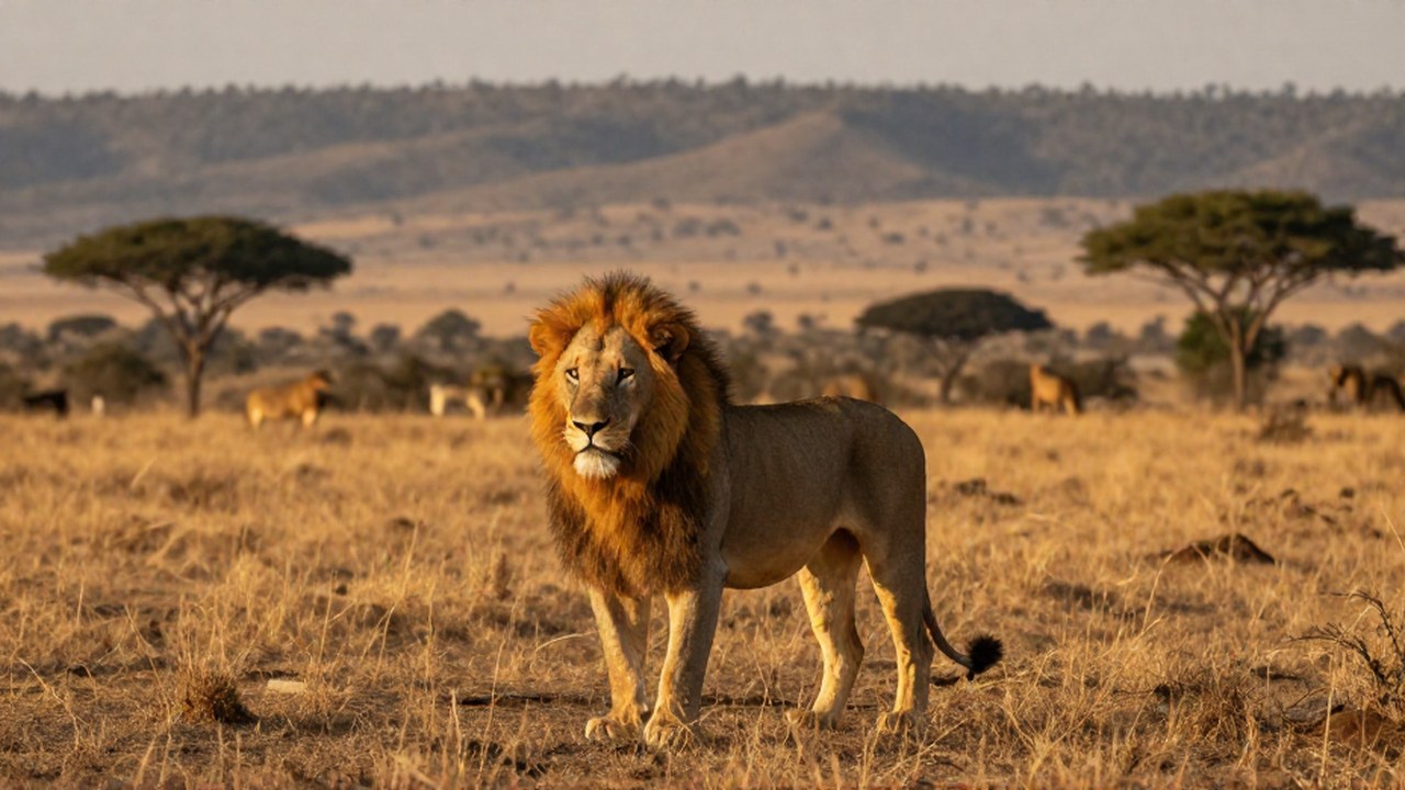 León macho en un paisaje de sabana y biomas diversos, ilustrando su presencia regional.