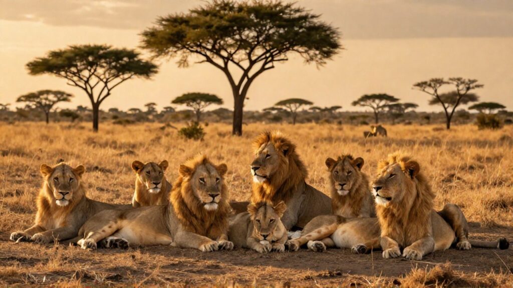 Una gran manada de leones africanos descansando y mostrando su unión en la sabana.