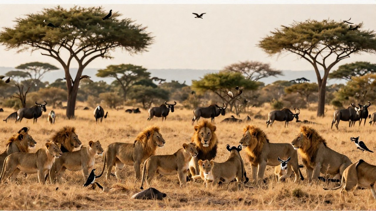 Una manada de leones interactuando con la diversa fauna de la sabana africana.
