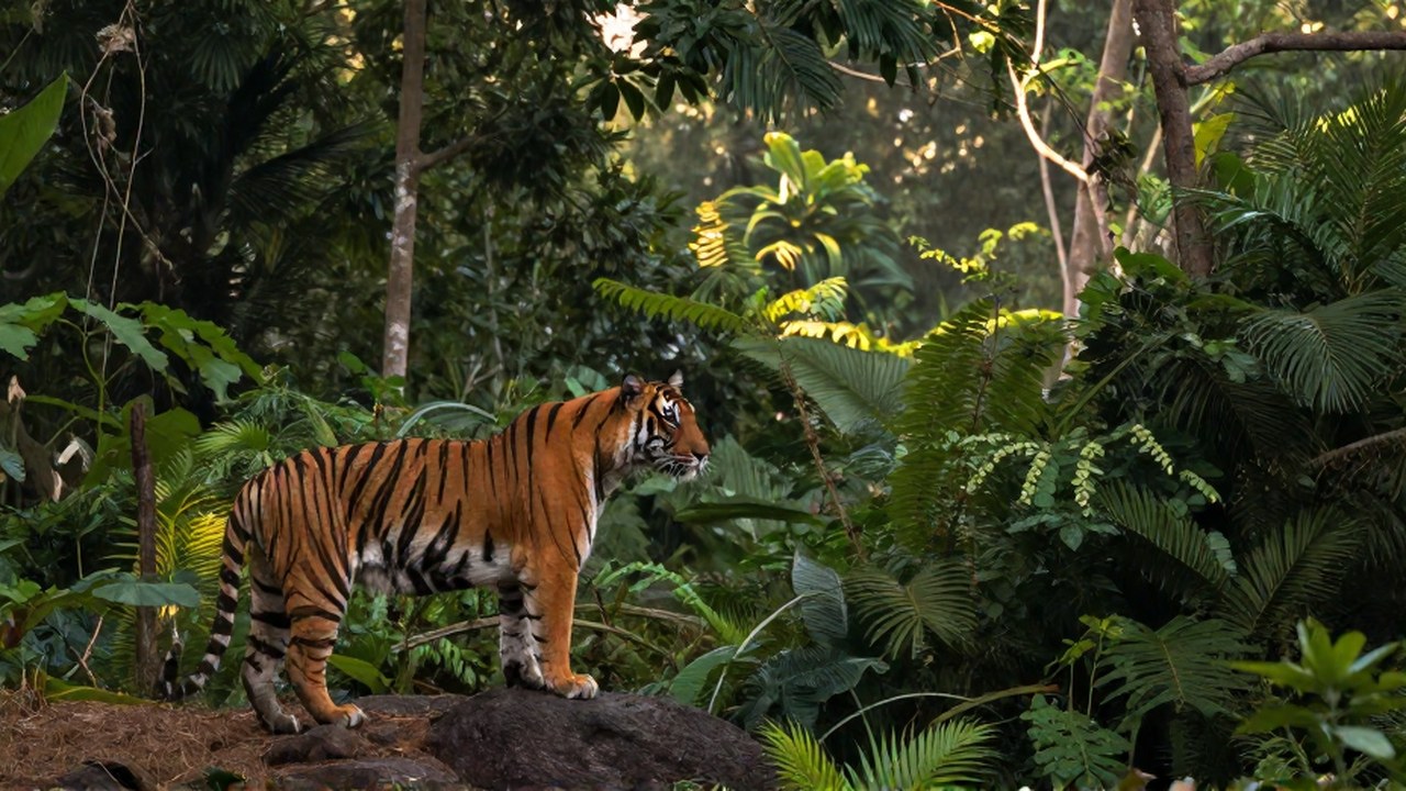 Un gran tigre de Bengala vigila su territorio en un afloramiento rocoso con vista a la selva.