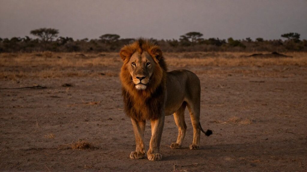 Un león macho solitario y alerta en la sabana africana al atardecer.
