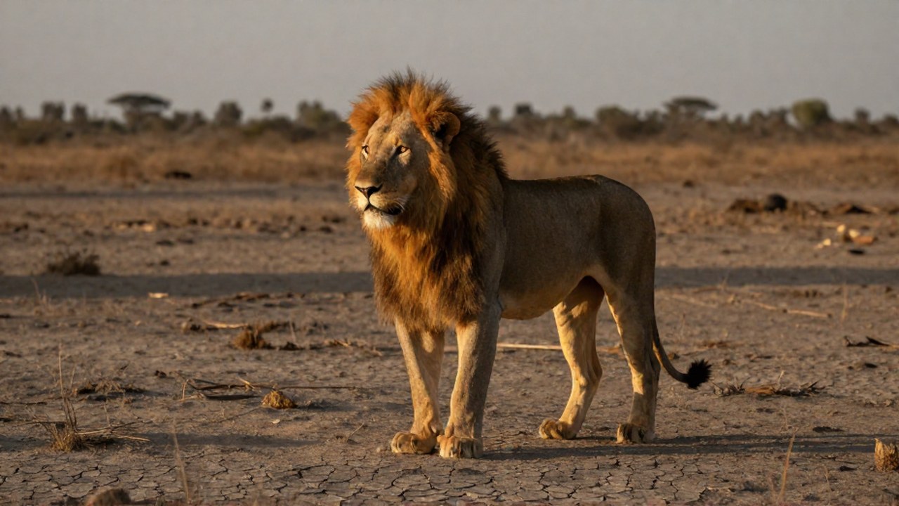 León macho de pie en una sabana seca y agrietada, transmitiendo vulnerabilidad ante la sequía.
