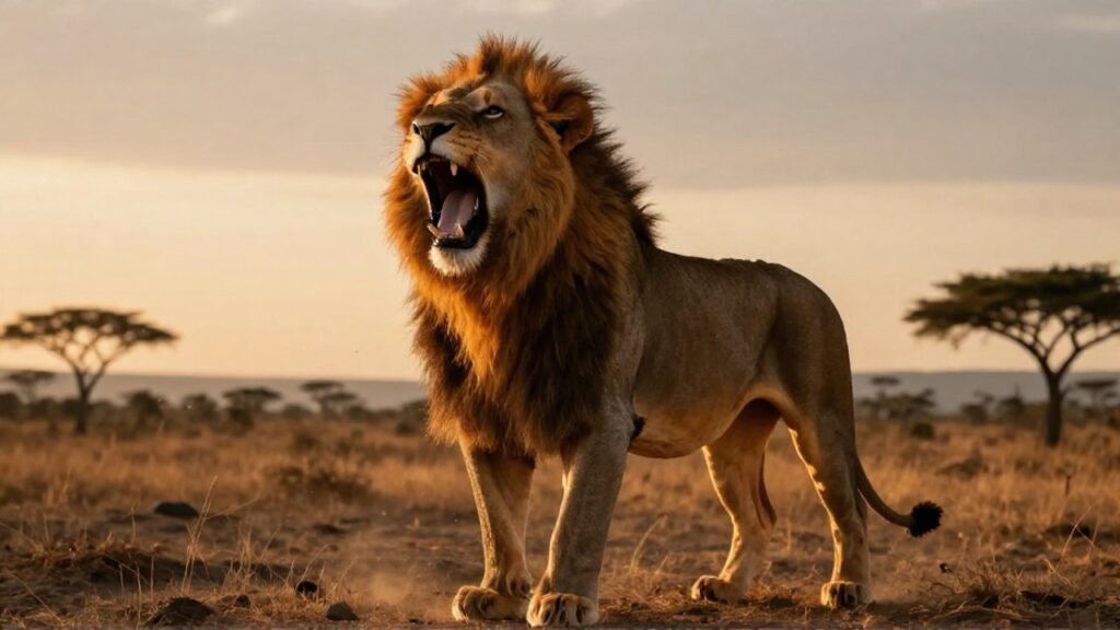 Un magnífico león macho rugiendo con poder en la sabana africana.