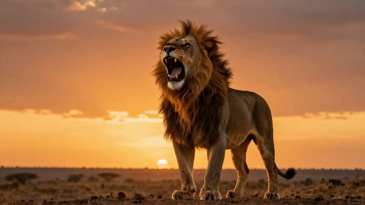 Un león macho poderoso rugiendo en la sabana africana durante el atardecer.