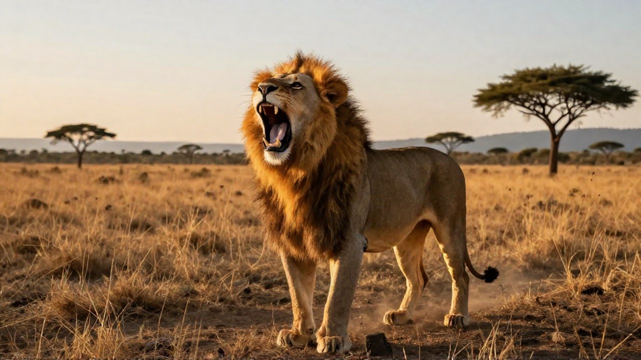 Un león macho rugiendo poderosamente en la vasta sabana africana.