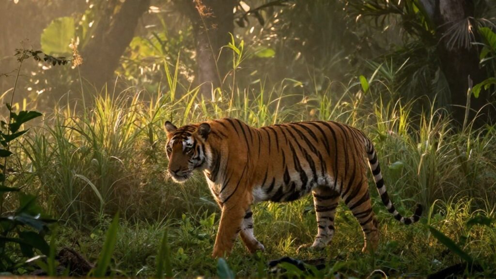 Una fotografía de un gran tigre de Bengala acechando en una densa jungla tropical al amanecer.