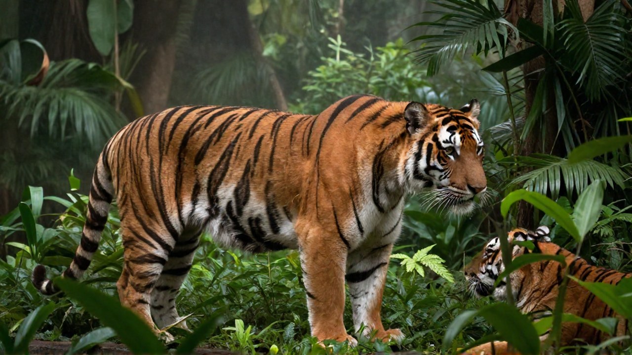 Un tigre siberiano interactuando con otro dentro de la densa selva tropical.