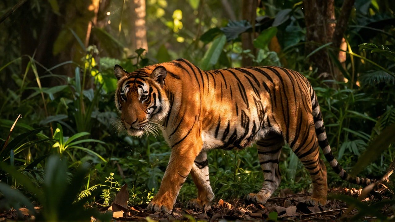 Un tigre de Bengala acecha camuflado en una densa selva tropical durante la hora dorada.