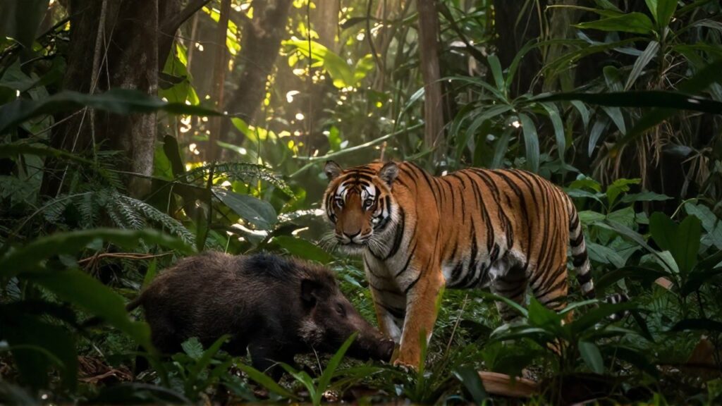 Un tigre siberiano acecha a un jabalí en la densa jungla al amanecer.