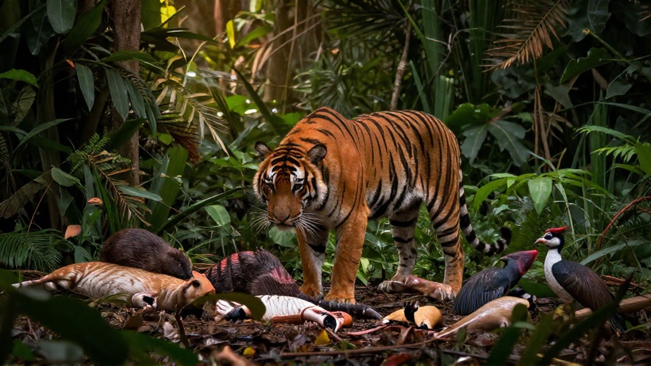 Un tigre majestuoso enfocado en la caza o muestra su dieta en un claro de la selva.