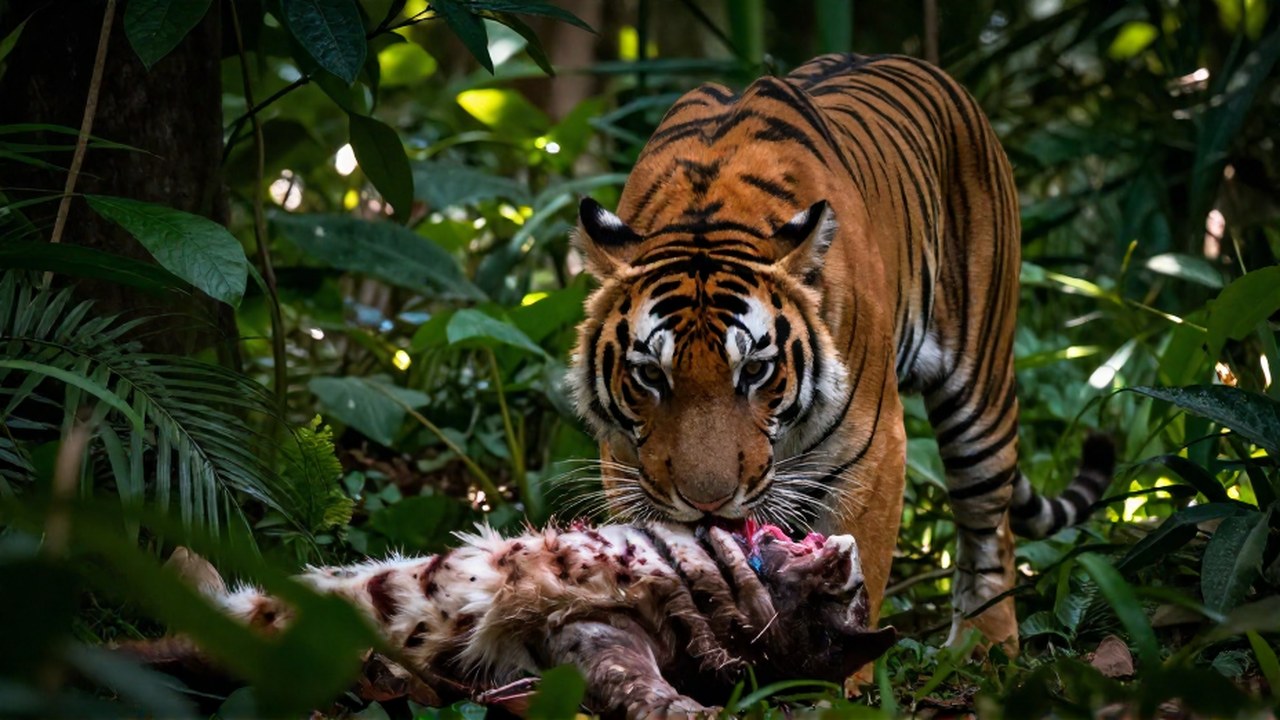 Un tigre poderoso acecha y se alimenta de su presa en una densa selva.