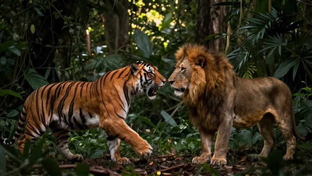 Confrontación intensa entre un tigre y un león en una densa jungla.