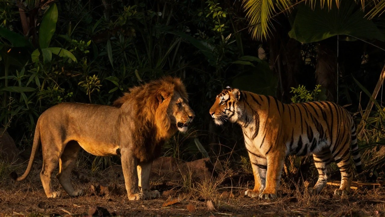 Tensión entre un león macho y un tigre siberiano en una confrontación de depredadores.